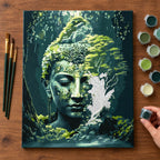 Complete Forest Buddha in Moss numbered canvas being painted with acrylic paints and brushes
