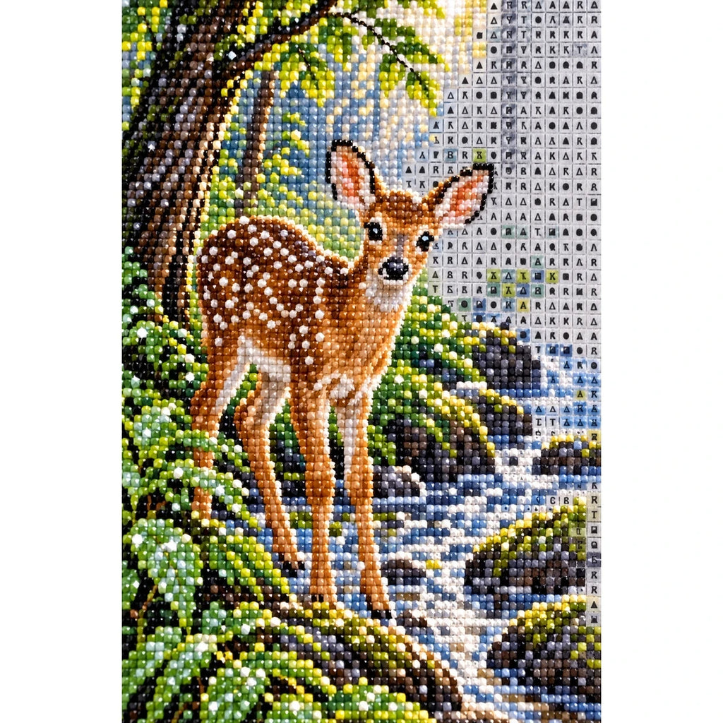 Forest Fawn Stream Diamond Painting Kit diamond and canvas detail