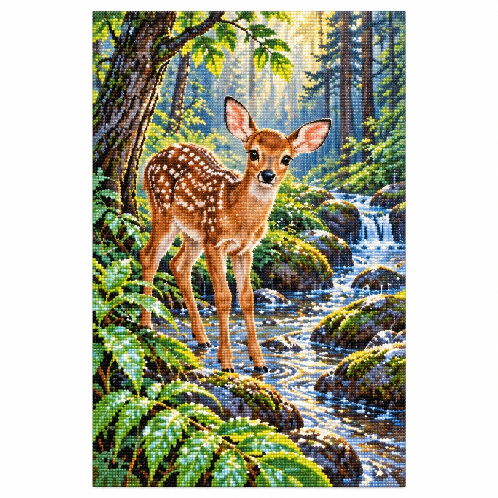 Forest Fawn Stream Diamond Painting Kit finished diamond artwork on white background