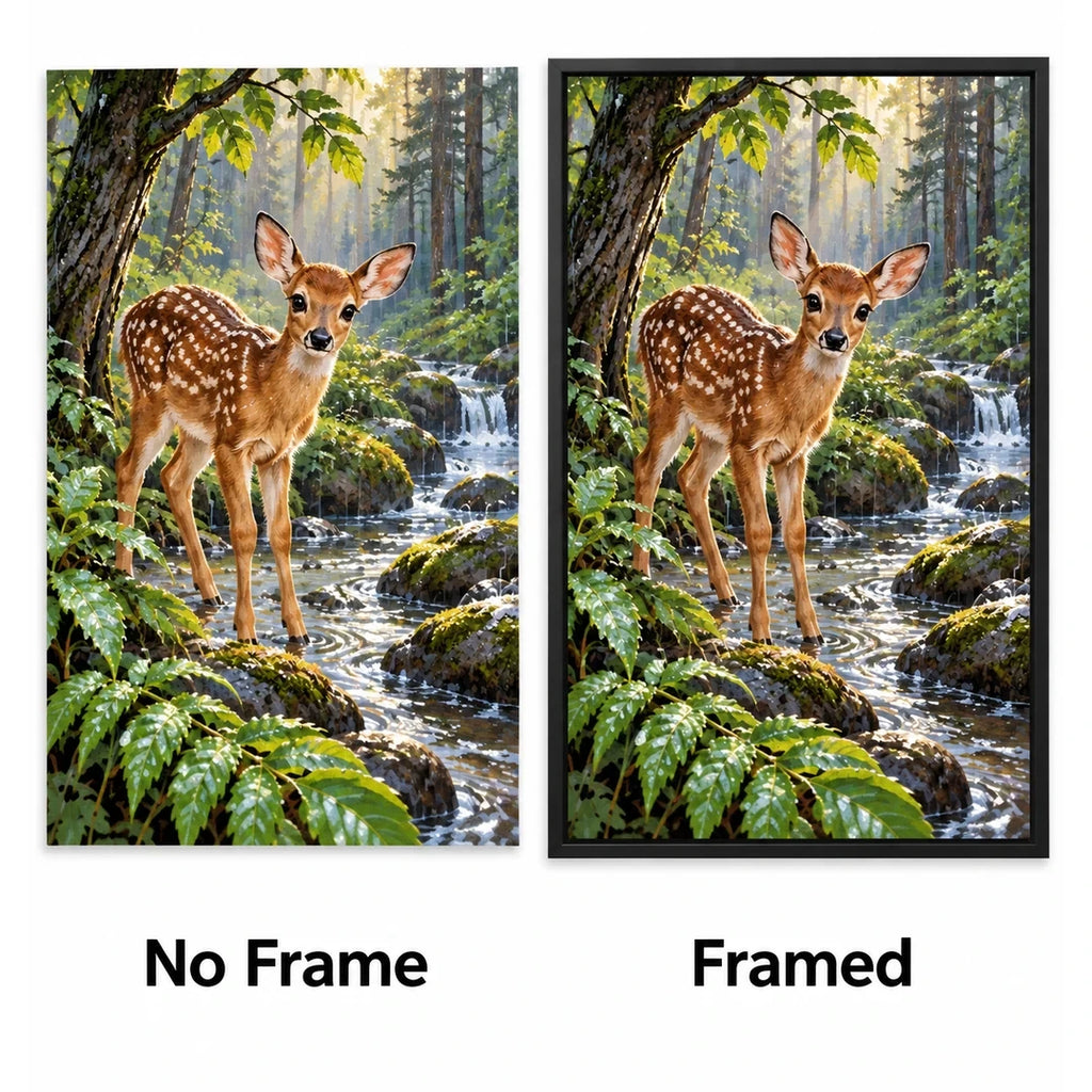 Forest Fawn Stream Diamond Painting Kit No Frame and Framed comparison