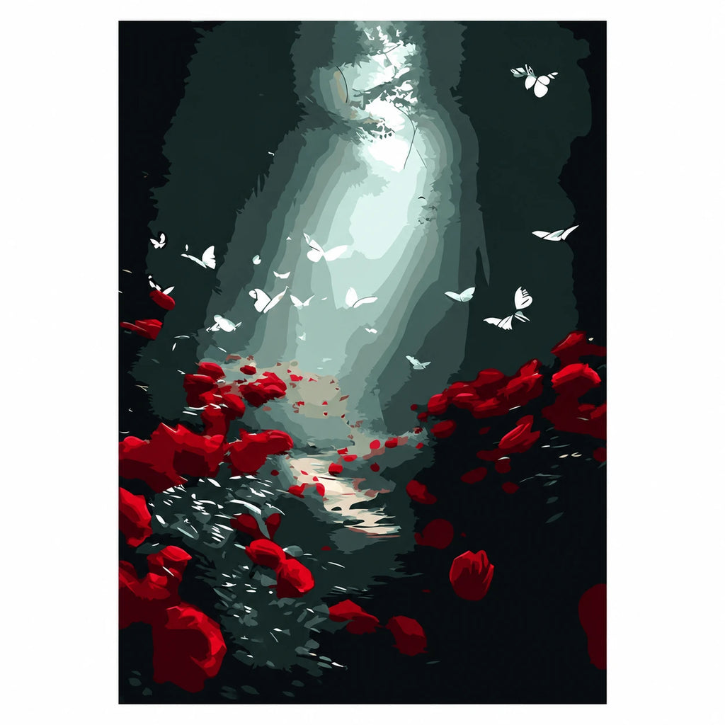 Original artwork for Forest Light And Butterflies Diamond Painting Kit, featuring a light-filled woodland path with butterflies and red flowers.