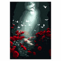 Original artwork for Forest Light And Butterflies Diamond Painting Kit, featuring a light-filled woodland path with butterflies and red flowers.