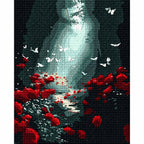 Completed Forest Light And Butterflies diamond painting showing a light-filled woodland path with butterflies and red flowers.