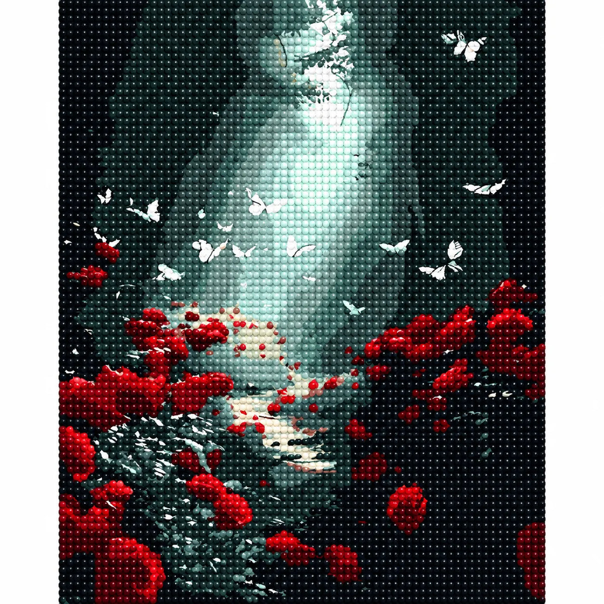 Completed Forest Light And Butterflies diamond painting showing a light-filled woodland path with butterflies and red flowers.