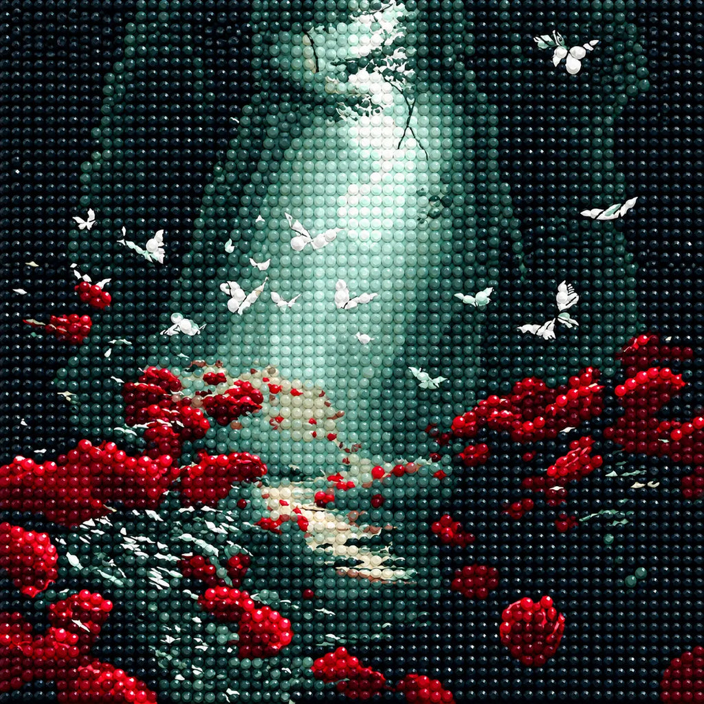 Close-up of drill texture and details in a light-filled woodland path with butterflies and red flowers.