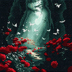 Close-up of drill texture and details in a light-filled woodland path with butterflies and red flowers.