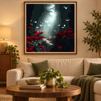 Home decor scene with the Forest Light And Butterflies diamond painting featuring a light-filled woodland path with butterflies and red flowers.