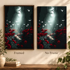 Framed and no-frame comparison for the Forest Light And Butterflies diamond painting, featuring a light-filled woodland path with butterflies and red flowers.