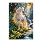 White-background original artwork of forest unicorn by a stream