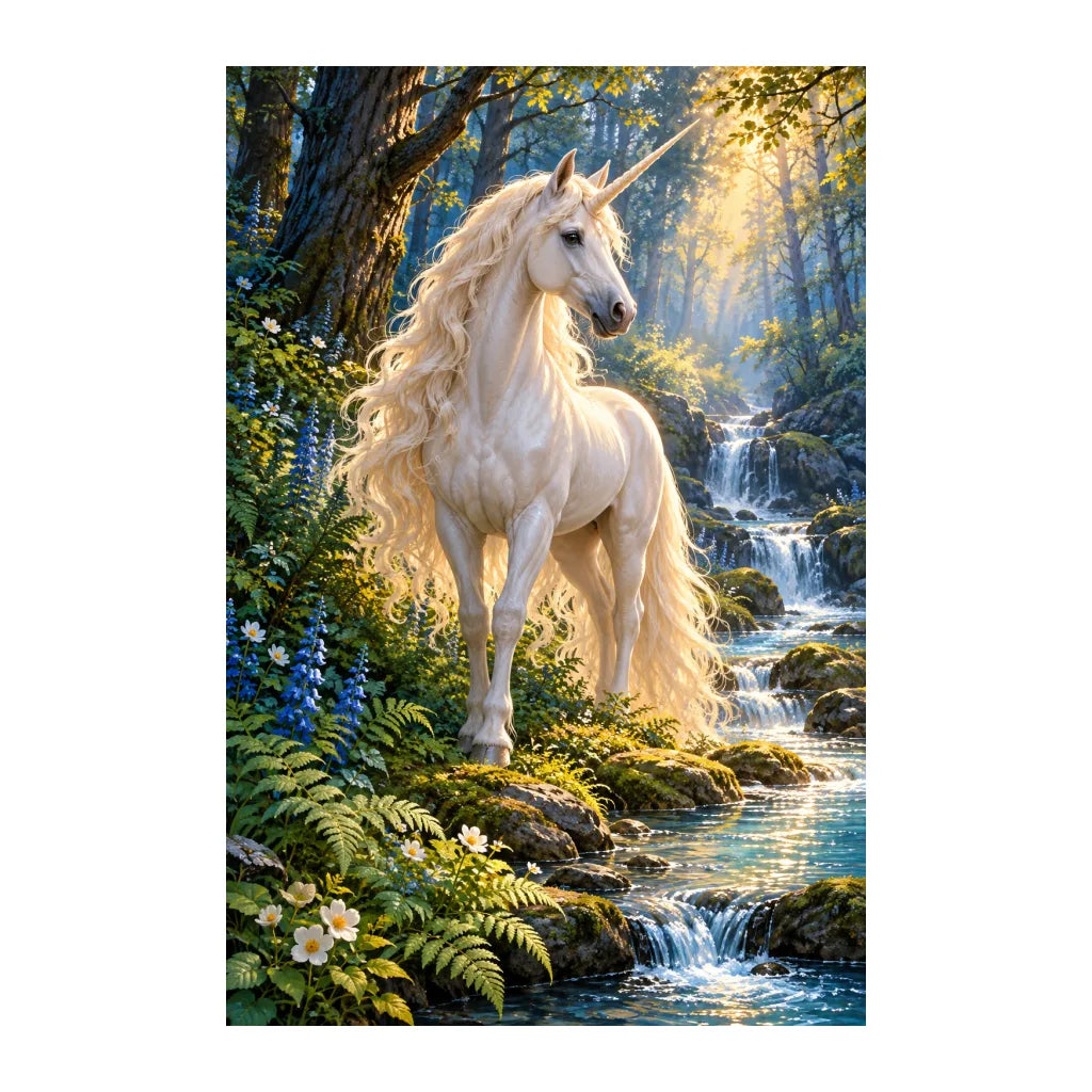 White-background original artwork of forest unicorn by a stream
