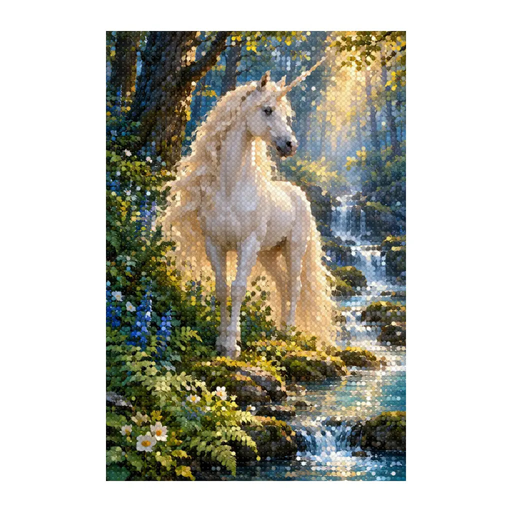White-background finished diamond painting of forest unicorn by a stream
