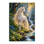 White-background finished diamond painting of forest unicorn by a stream