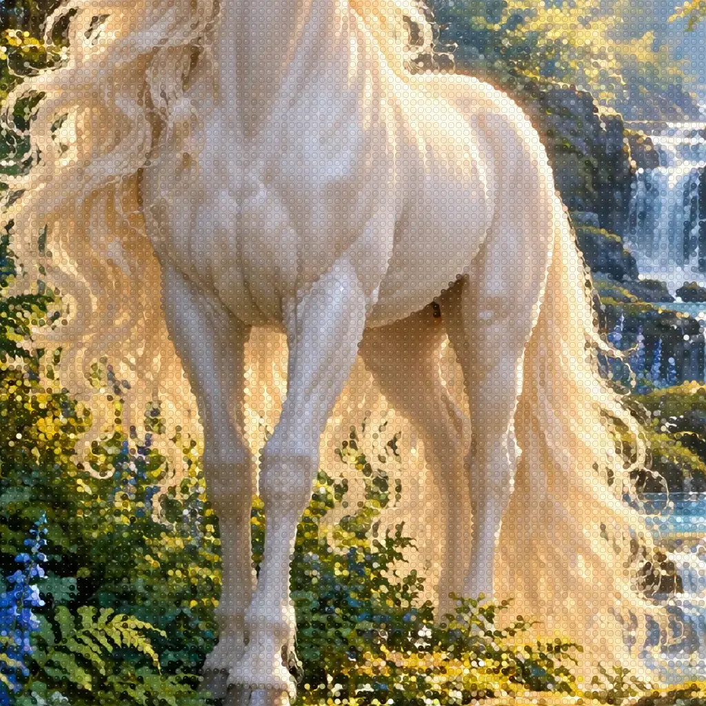 Close-up diamond detail of the forest unicorn by a stream diamond painting