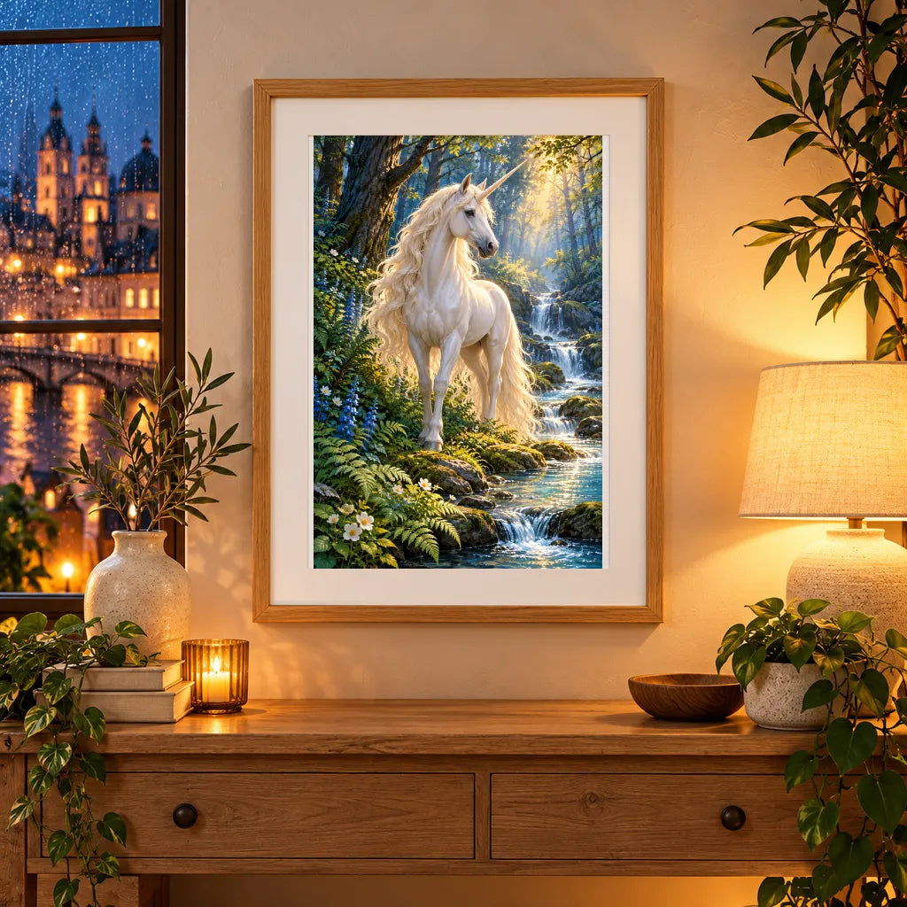 Framed home display of the forest unicorn by a stream diamond painting