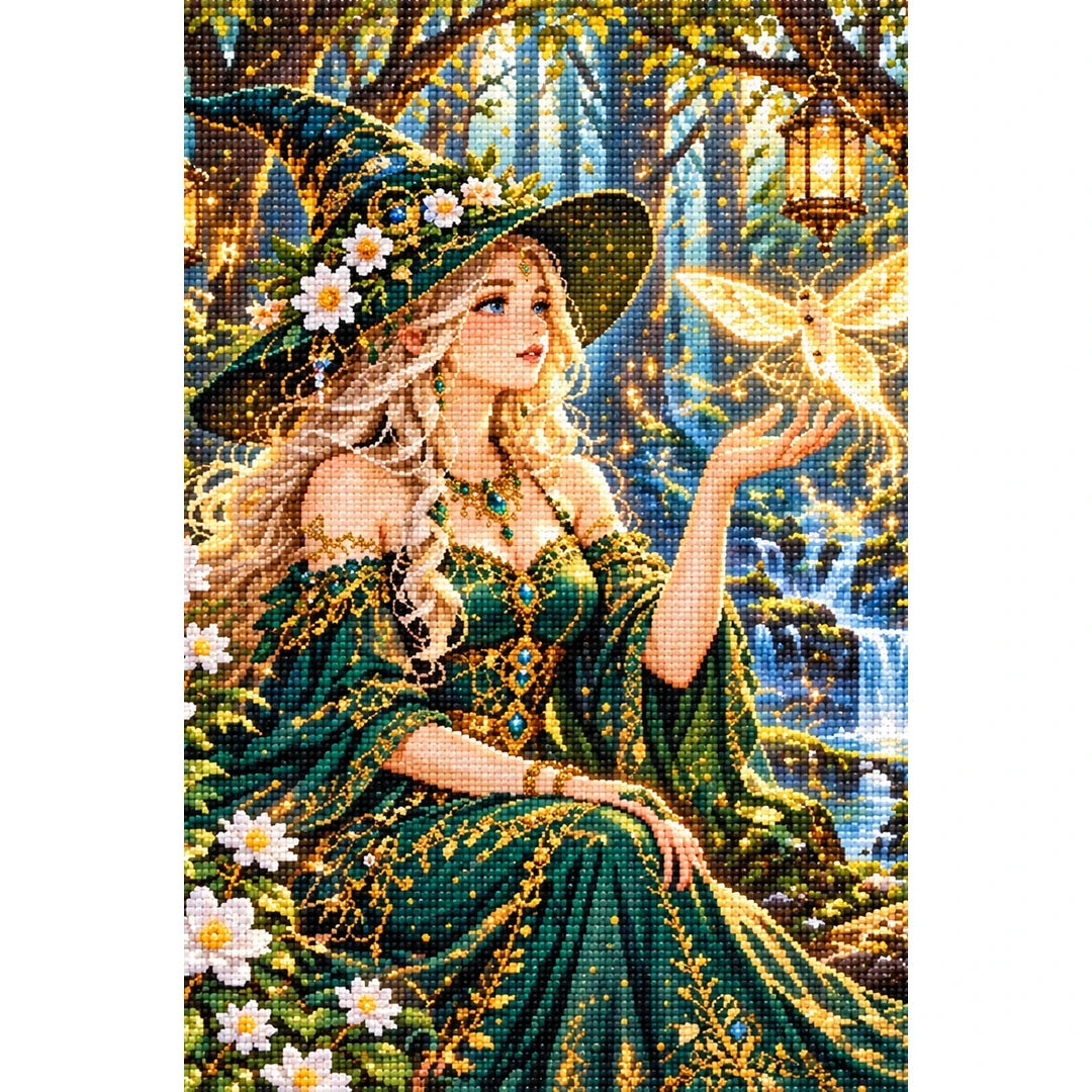 Forest Witch Glowing Moth finished diamond painting on white
