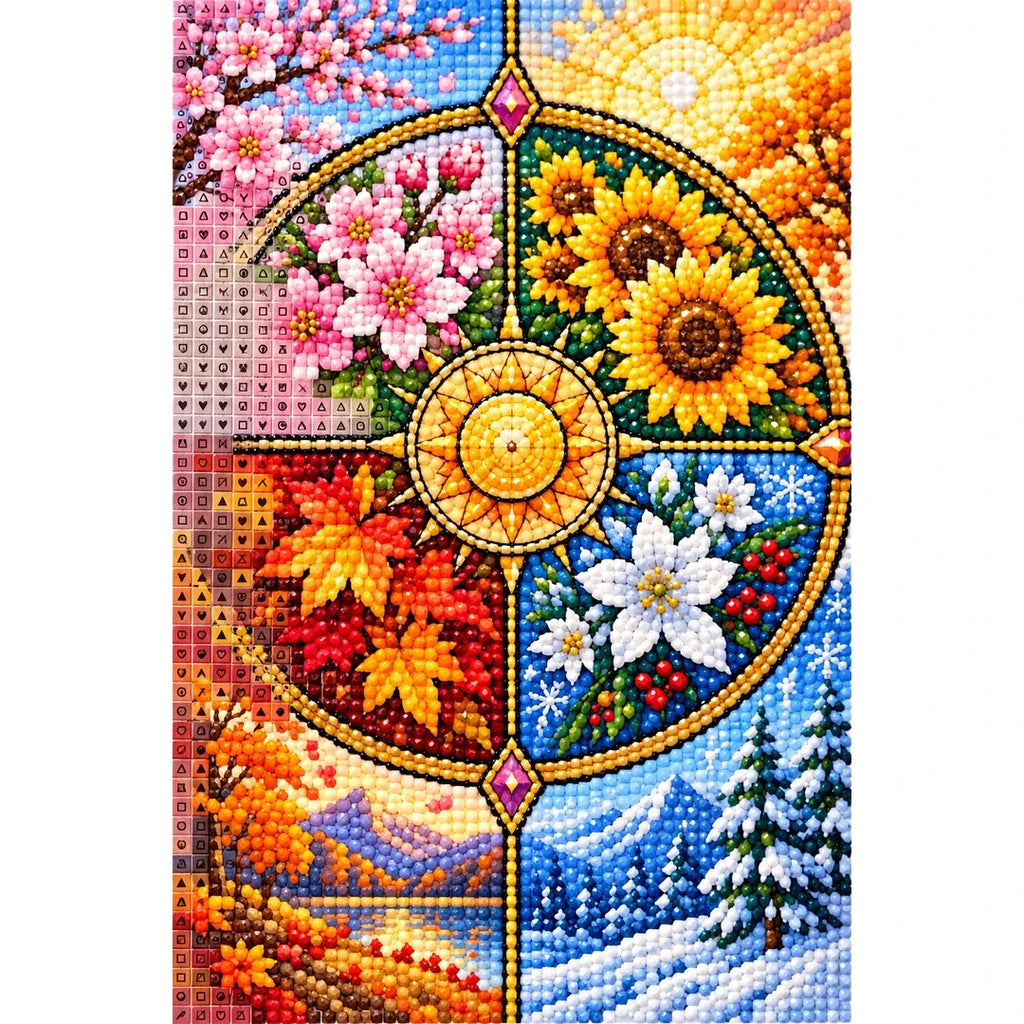 Four Seasons Floral Wheel Diamond Painting Kit — canvas and drill material detail
