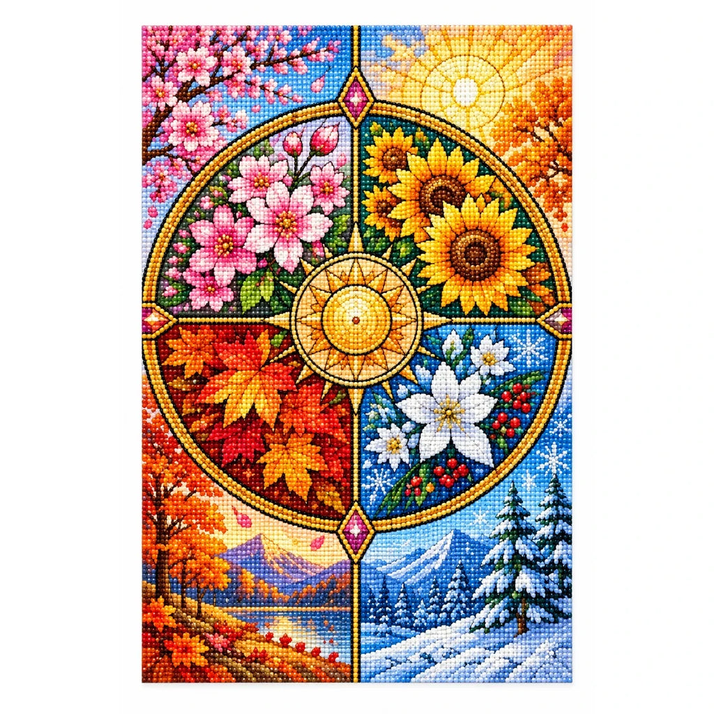 Four Seasons Floral Wheel Diamond Painting Kit — finished diamond painting on white background