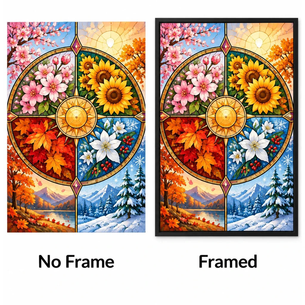 Four Seasons Floral Wheel Diamond Painting Kit — No Frame and Framed style comparison