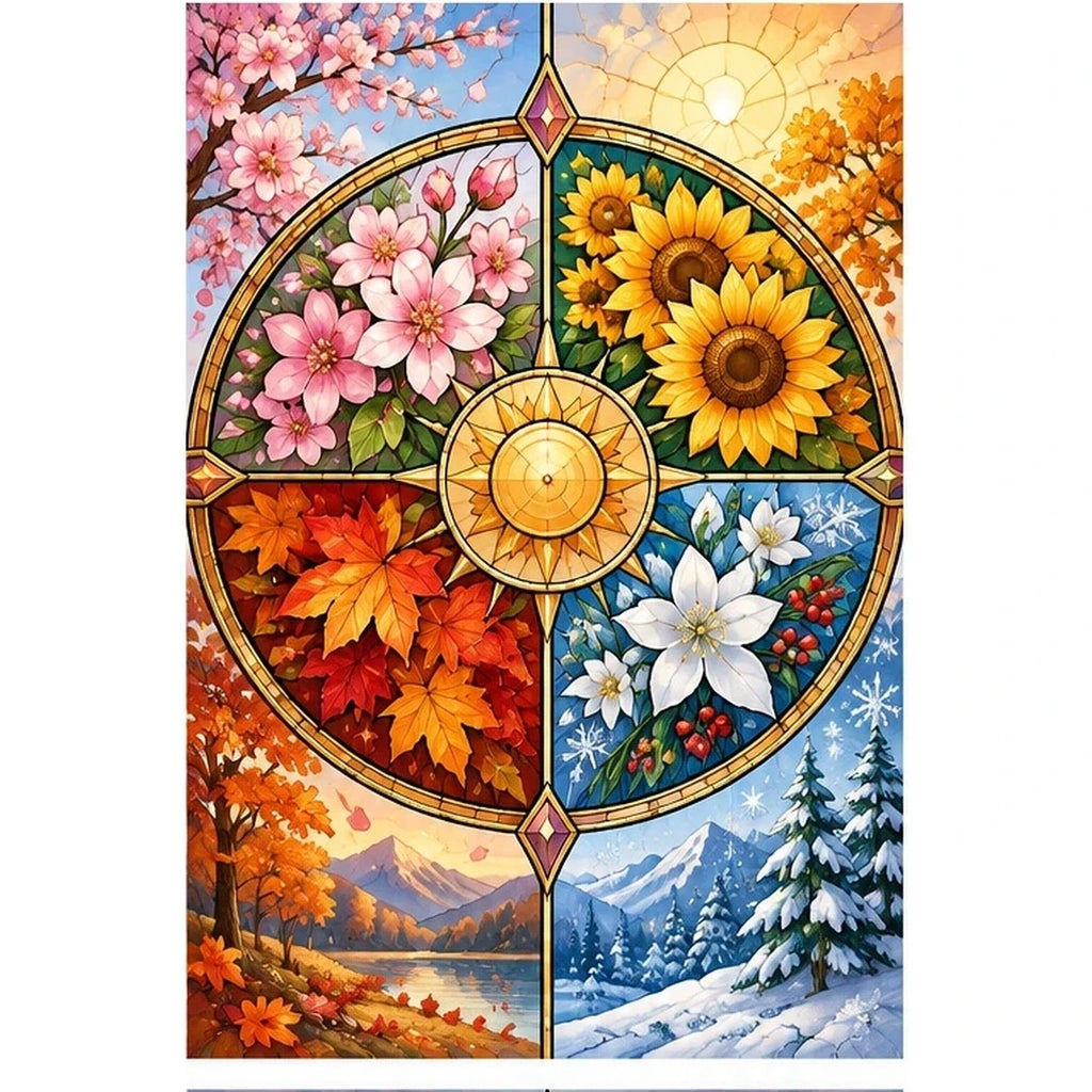 Four Seasons Floral Wheel Diamond Painting Kit — original white-background artwork