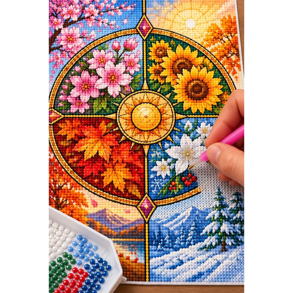 Four Seasons Floral Wheel Diamond Painting Kit — diamond painting application process