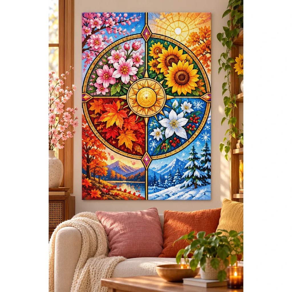 Four Seasons Floral Wheel Diamond Painting Kit — finished diamond painting in a home setting