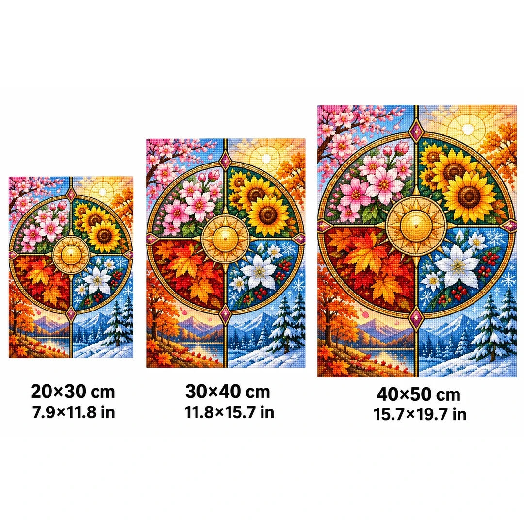 Four Seasons Floral Wheel Diamond Painting Kit — 20 by 30, 30 by 40, and 40 by 50 centimeter size guide