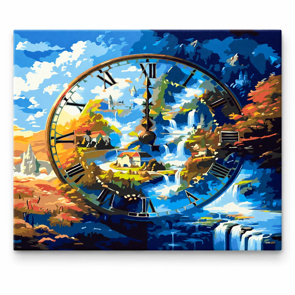Four Seasons Landscape Clock paint by numbers artwork on a front-facing canvas against a white background