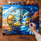 Complete Four Seasons Landscape Clock numbered canvas being painted with acrylic paints and brushes