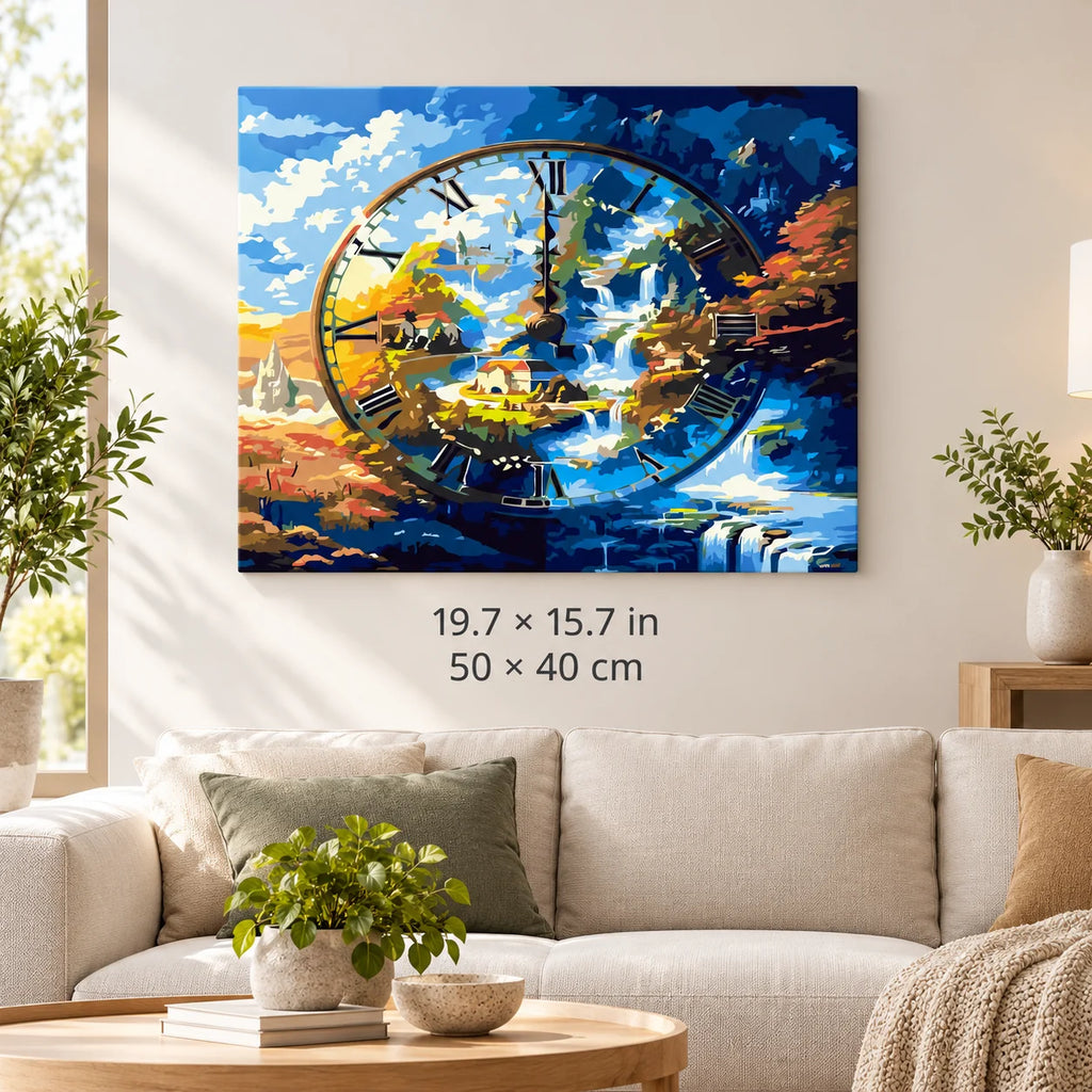 Four Seasons Landscape Clock shown in a styled room with 19.7 × 15.7 in and 50 × 40 cm dimensions