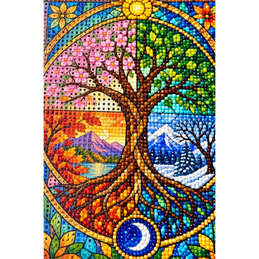 Four Seasons Tree Diamond Painting Kit — canvas and drill material detail