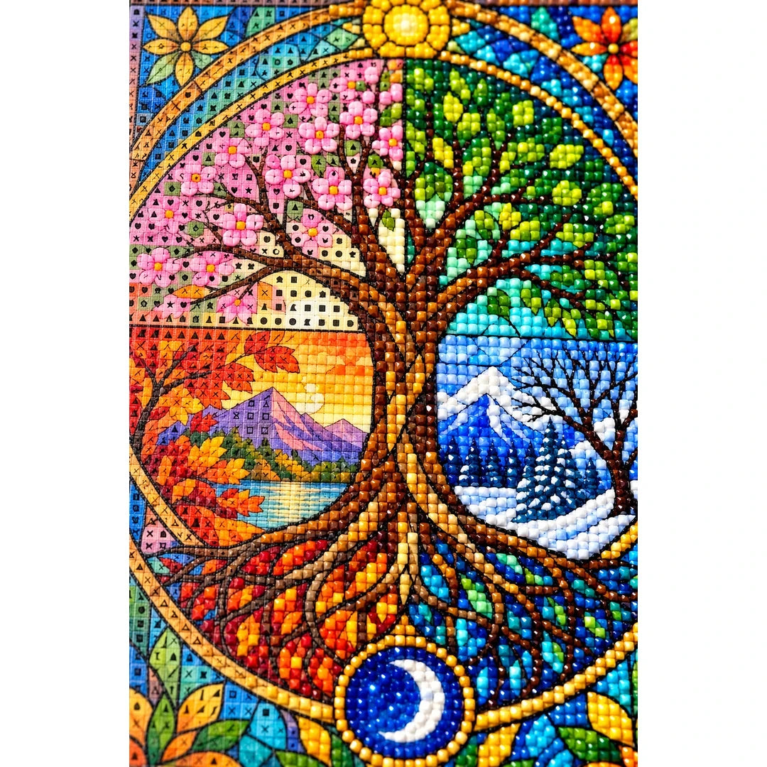 Four Seasons Tree Diamond Painting Kit — canvas and drill material detail