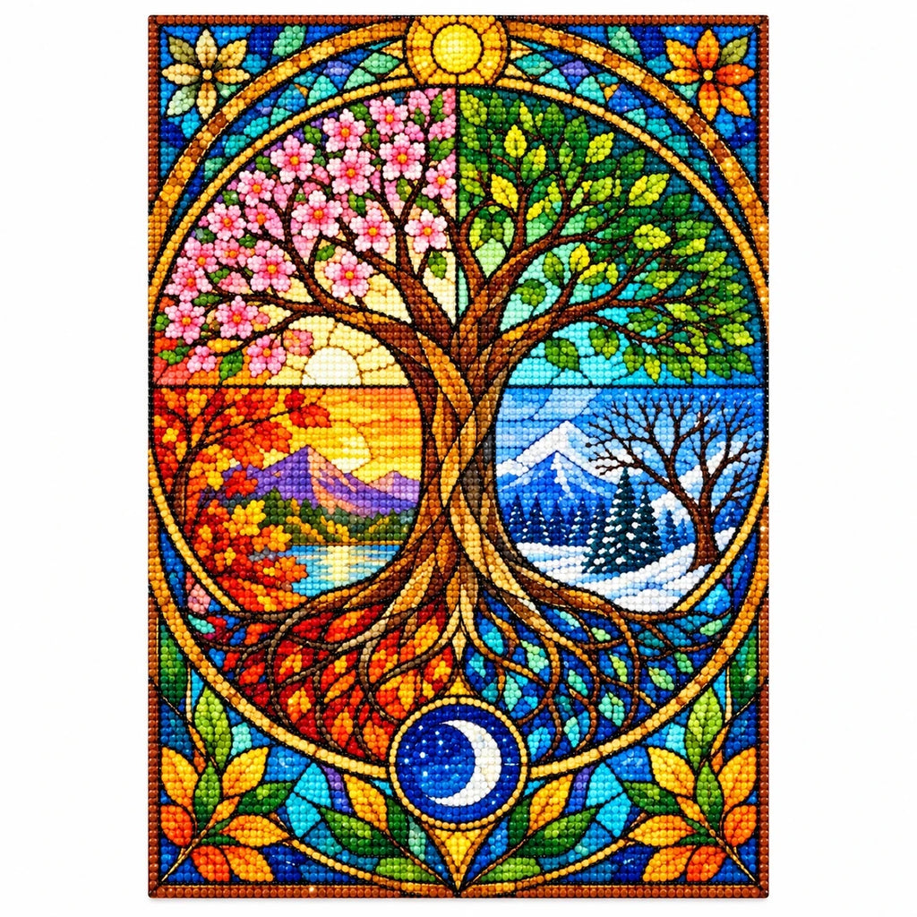 Four Seasons Tree Diamond Painting Kit — finished diamond painting on white background