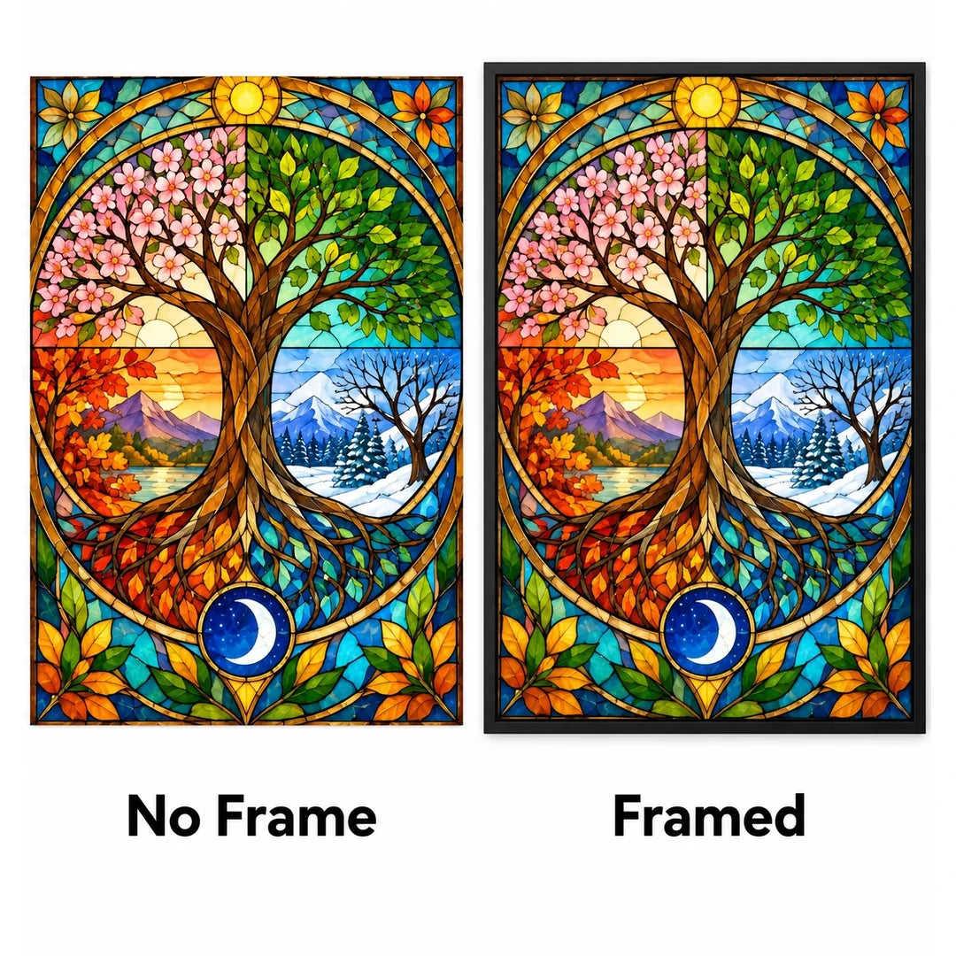 Four Seasons Tree Diamond Painting Kit — No Frame and Framed style comparison