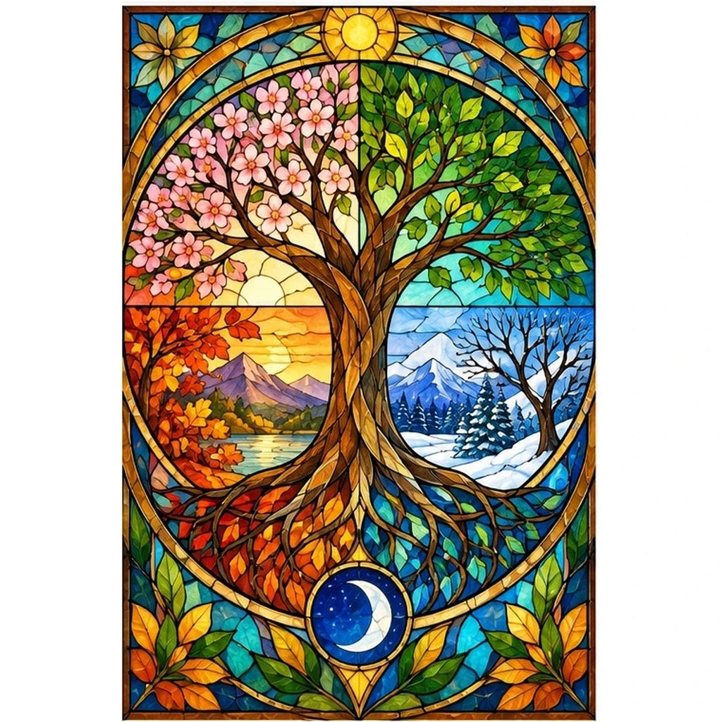 Four Seasons Tree Diamond Painting Kit — original white-background artwork