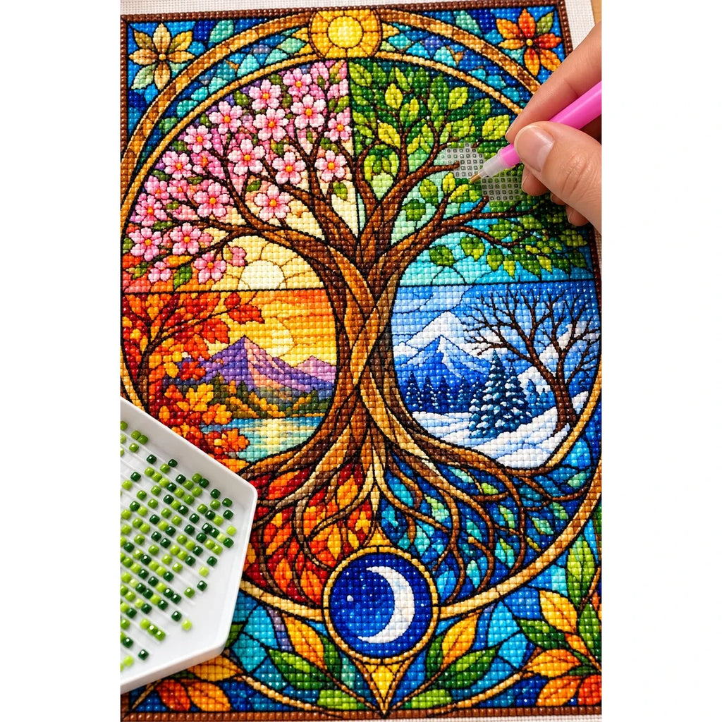 Four Seasons Tree Diamond Painting Kit — diamond painting application process