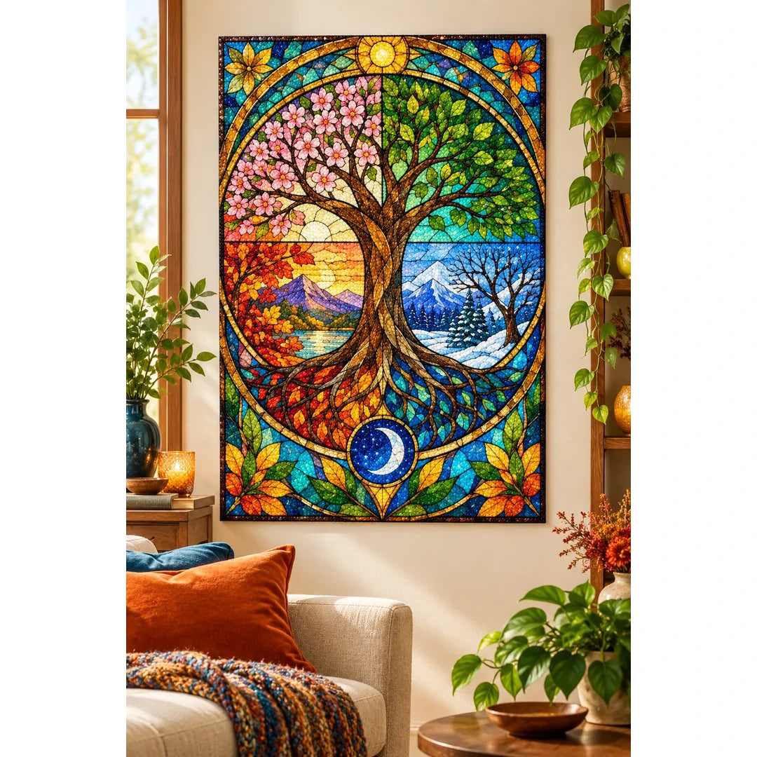 Four Seasons Tree Diamond Painting Kit — finished diamond painting in a home setting