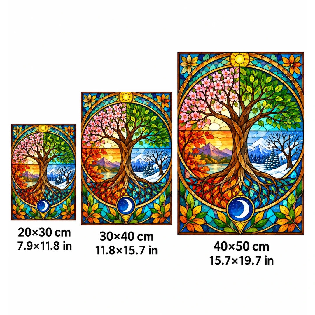 Four Seasons Tree Diamond Painting Kit — 20 by 30, 30 by 40, and 40 by 50 centimeter size guide