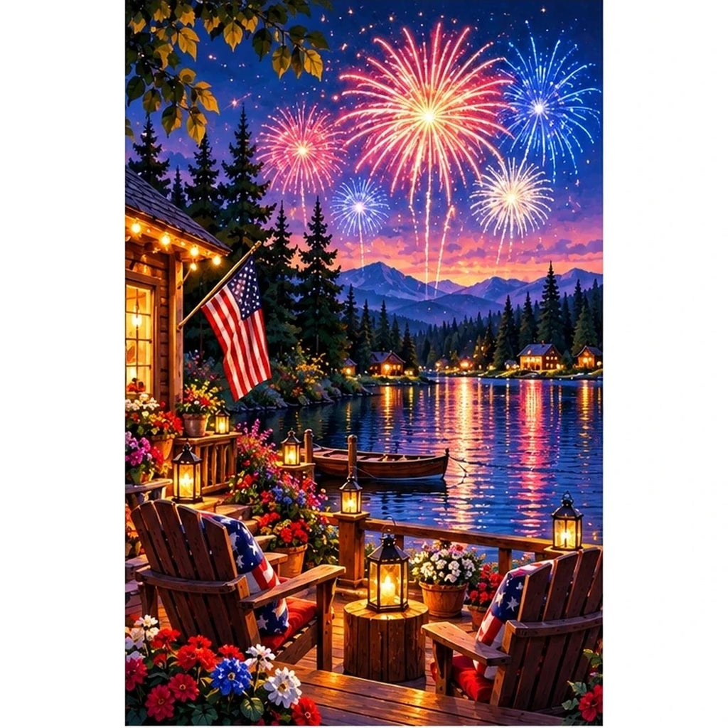 Fourth of July Fireworks Lake Cabin — original artwork on a clean white background