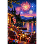 Fourth of July Fireworks Lake Cabin — original artwork on a clean white background