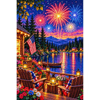 Fourth of July Fireworks Lake Cabin — finished diamond painting on a white background