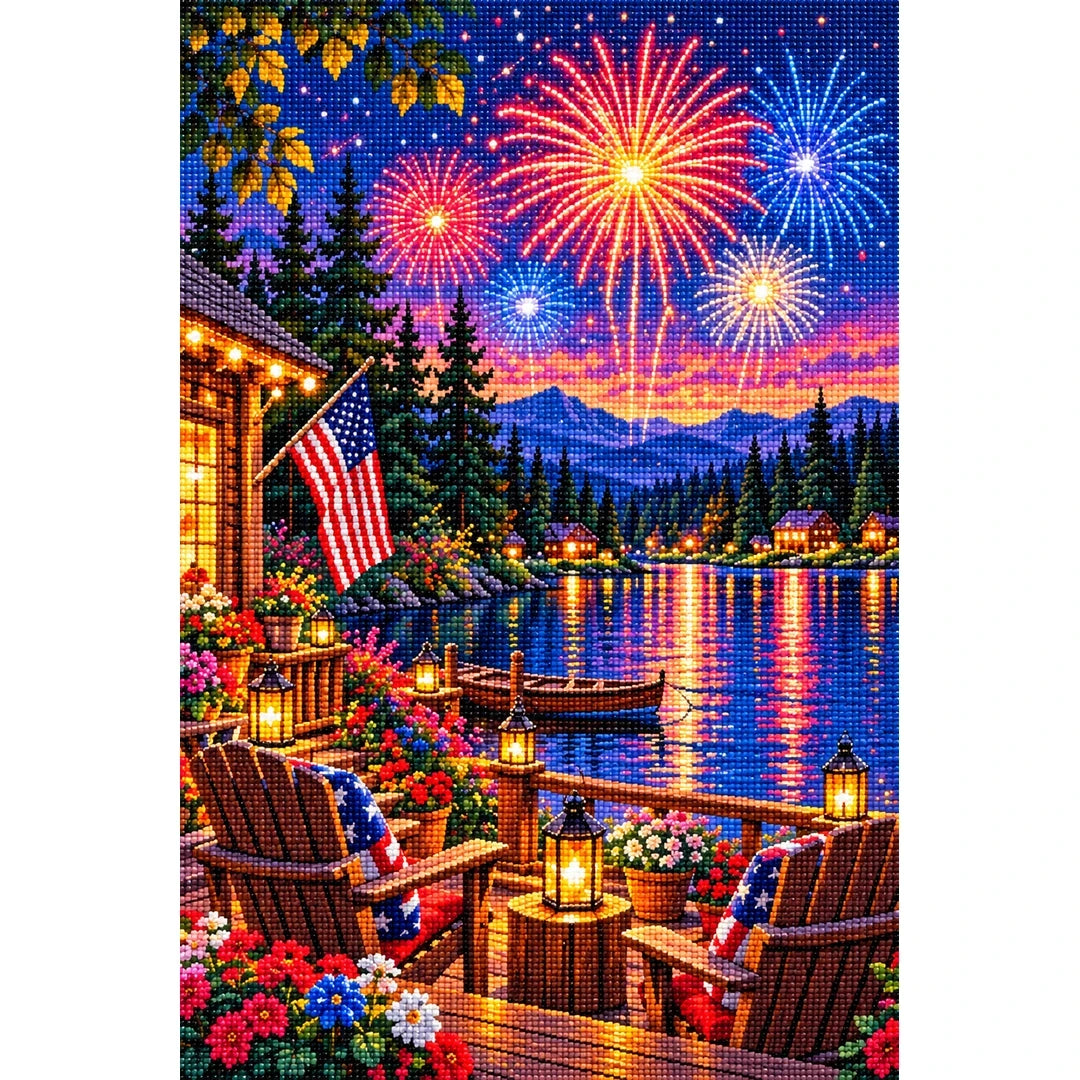 Fourth of July Fireworks Lake Cabin — finished diamond painting on a white background