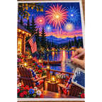 Fourth of July Fireworks Lake Cabin — diamond painting process with applicator pen