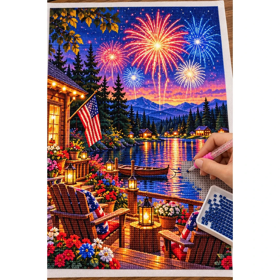 Fourth of July Fireworks Lake Cabin — diamond painting process with applicator pen