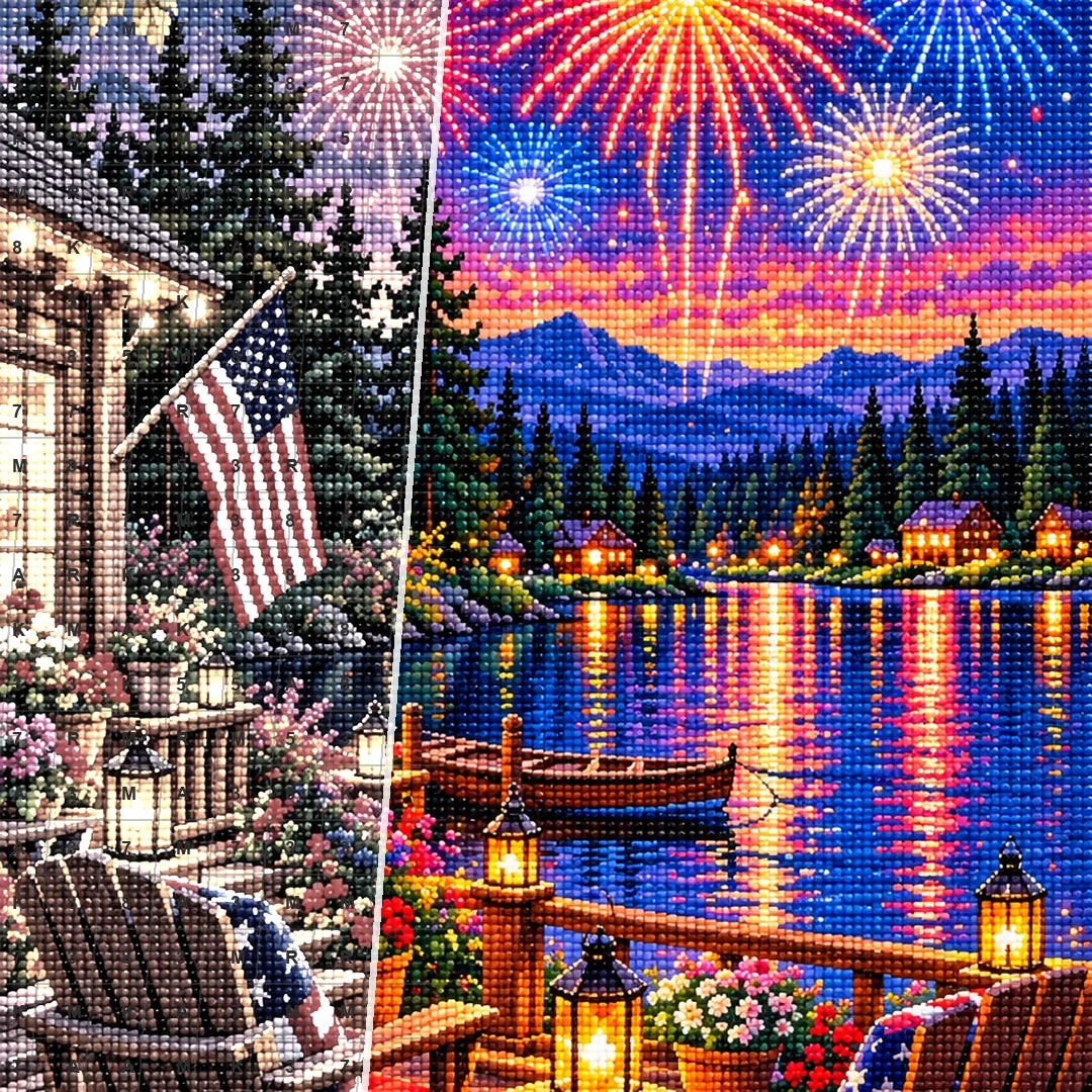 Fourth of July Fireworks Lake Cabin — close-up canvas and resin drill detail