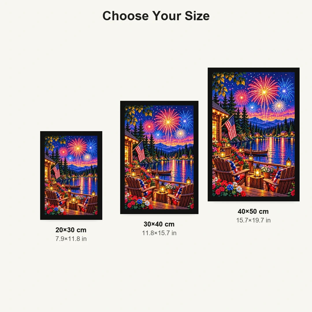 Fourth of July Fireworks Lake Cabin — size comparison for 20 × 30, 30 × 40 and 40 × 50 cm