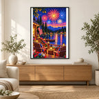 Fourth of July Fireworks Lake Cabin — finished diamond painting displayed in a home interior