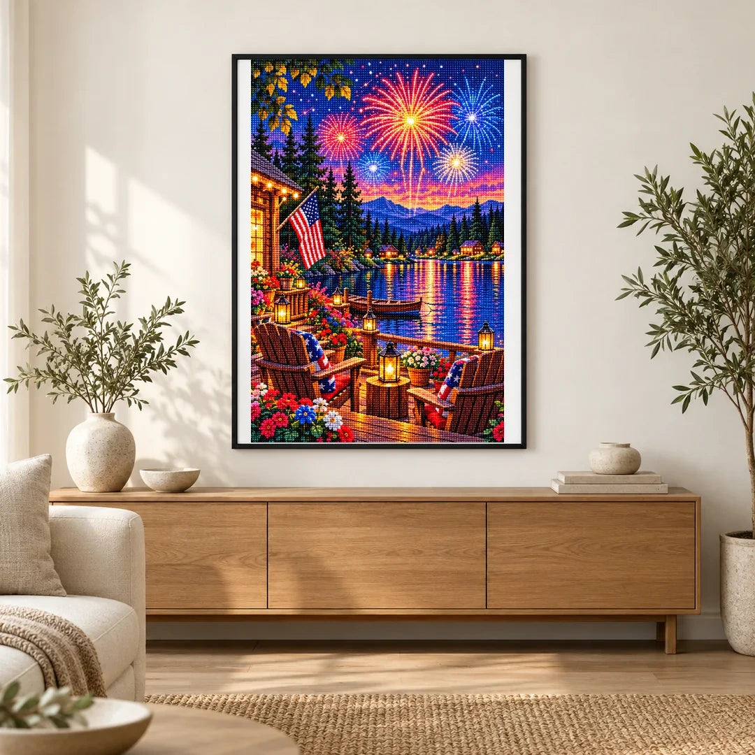 Fourth of July Fireworks Lake Cabin — finished diamond painting displayed in a home interior