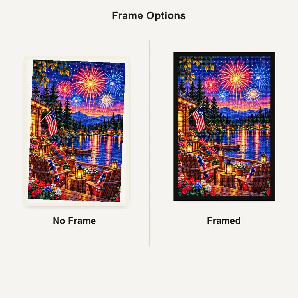 Fourth of July Fireworks Lake Cabin — No Frame and Framed style comparison