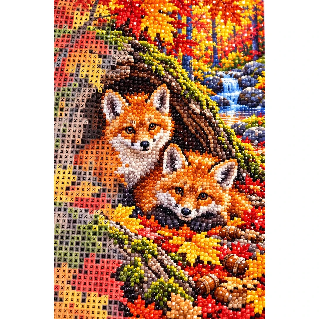 Fox Cubs Autumn Hollow Log Diamond Painting Kit — canvas and drill material detail