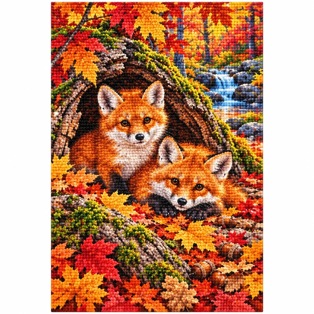 Fox Cubs Autumn Hollow Log Diamond Painting Kit — finished diamond painting on white background